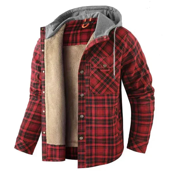 Karierte Herren-Kapuzenjacke mit Sherpa-Futter