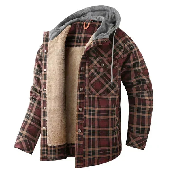 Karierte Herren-Kapuzenjacke mit Sherpa-Futter