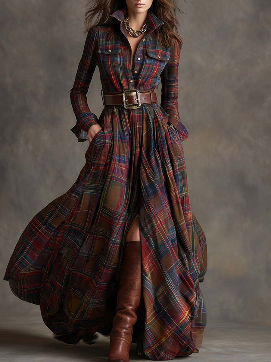 Kariertes Damen-Maxikleid mit Knöpfen