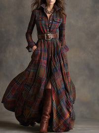 Kariertes Damen-Maxikleid mit Knöpfen