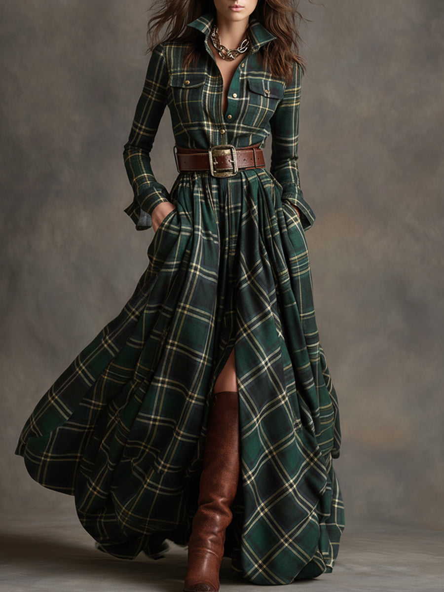 Kariertes Damen-Maxikleid mit Knöpfen