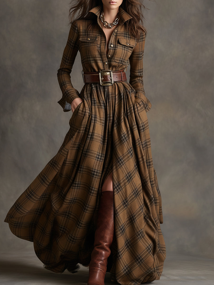 Kariertes Damen-Maxikleid mit Knöpfen