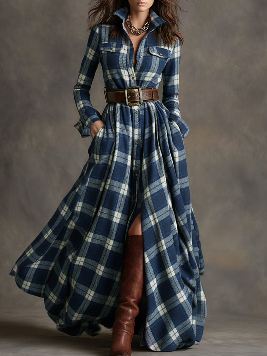 Kariertes Damen-Maxikleid mit Knöpfen