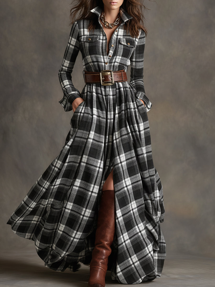 Kariertes Damen-Maxikleid mit Knöpfen