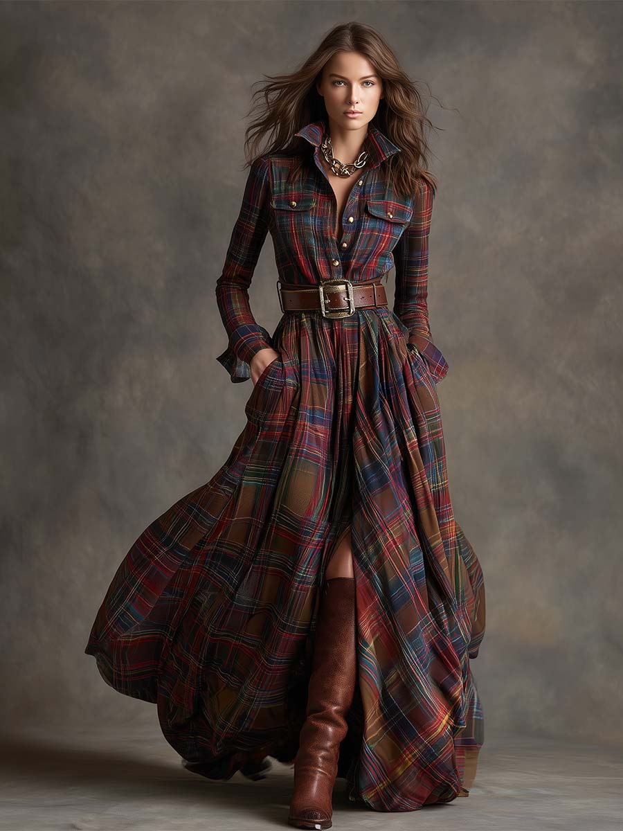 Kariertes Damen-Maxikleid mit Knöpfen