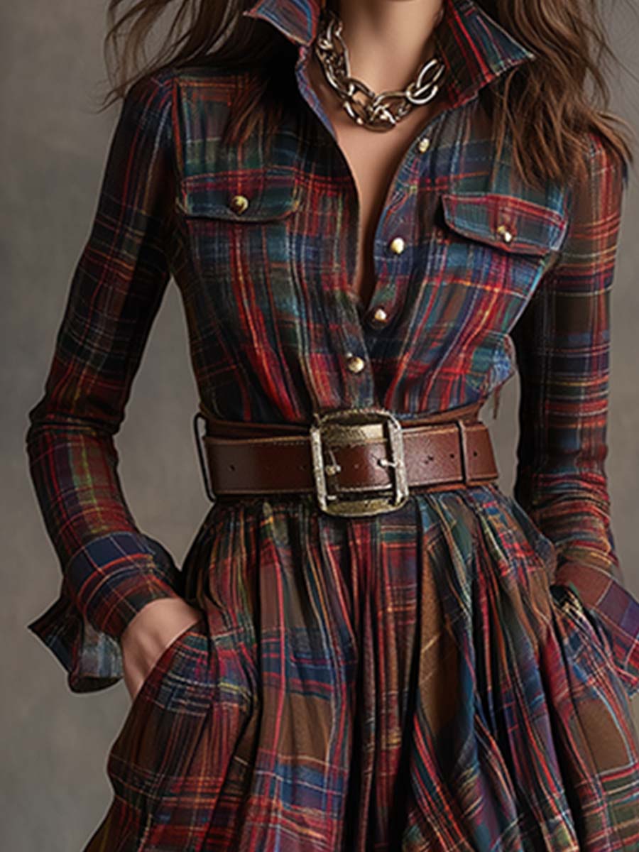 Kariertes Damen-Maxikleid mit Knöpfen
