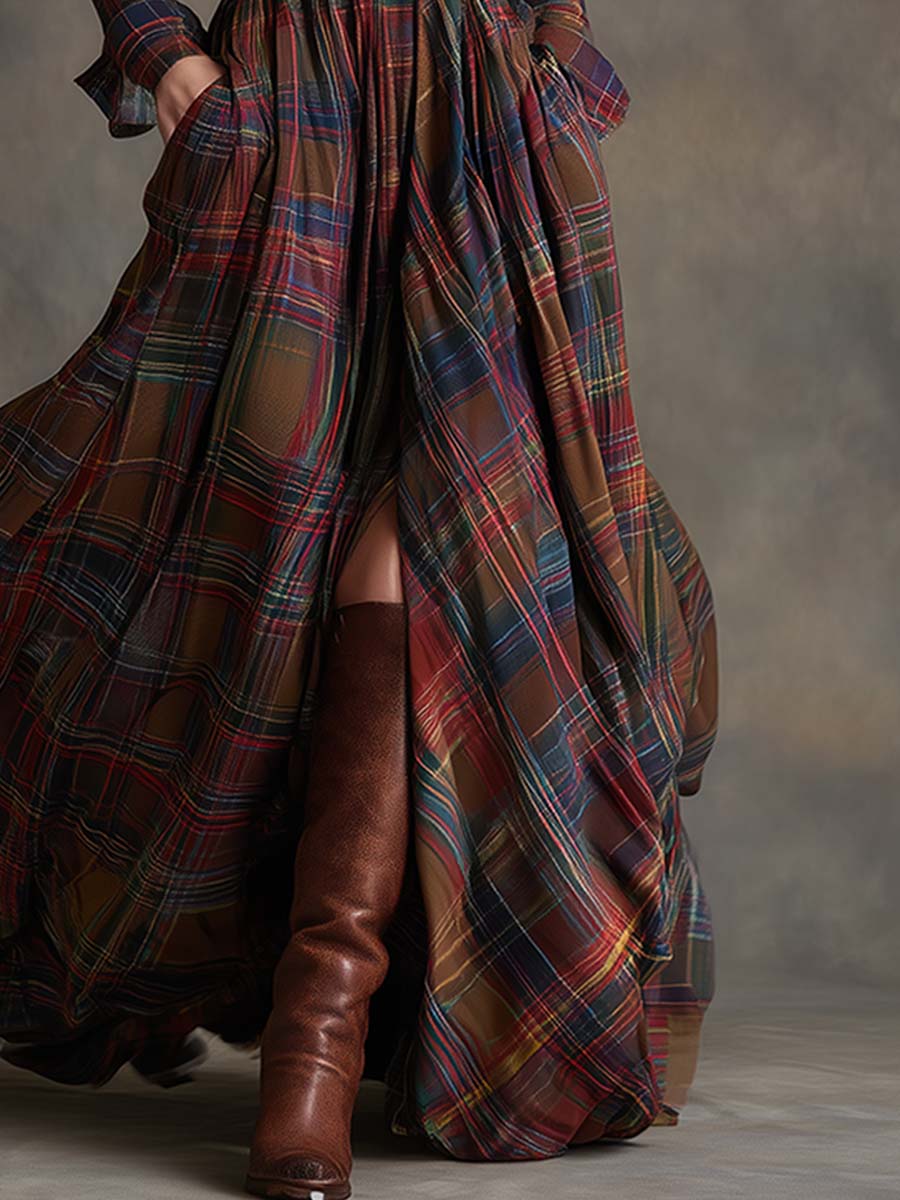 Kariertes Damen-Maxikleid mit Knöpfen