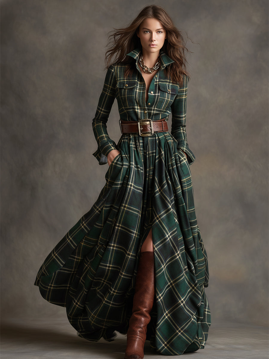 Kariertes Damen-Maxikleid mit Knöpfen