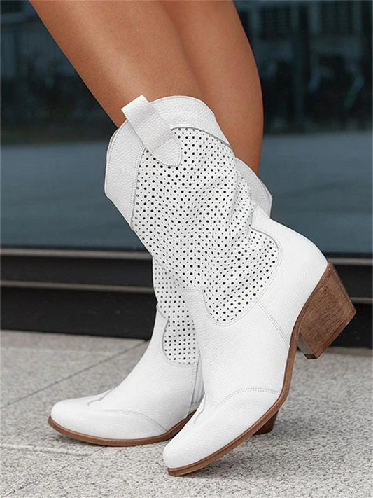 Kniehohe Cowgirl-Stiefel für Damen mit mittelhohem Absatz und bestickten Nähten