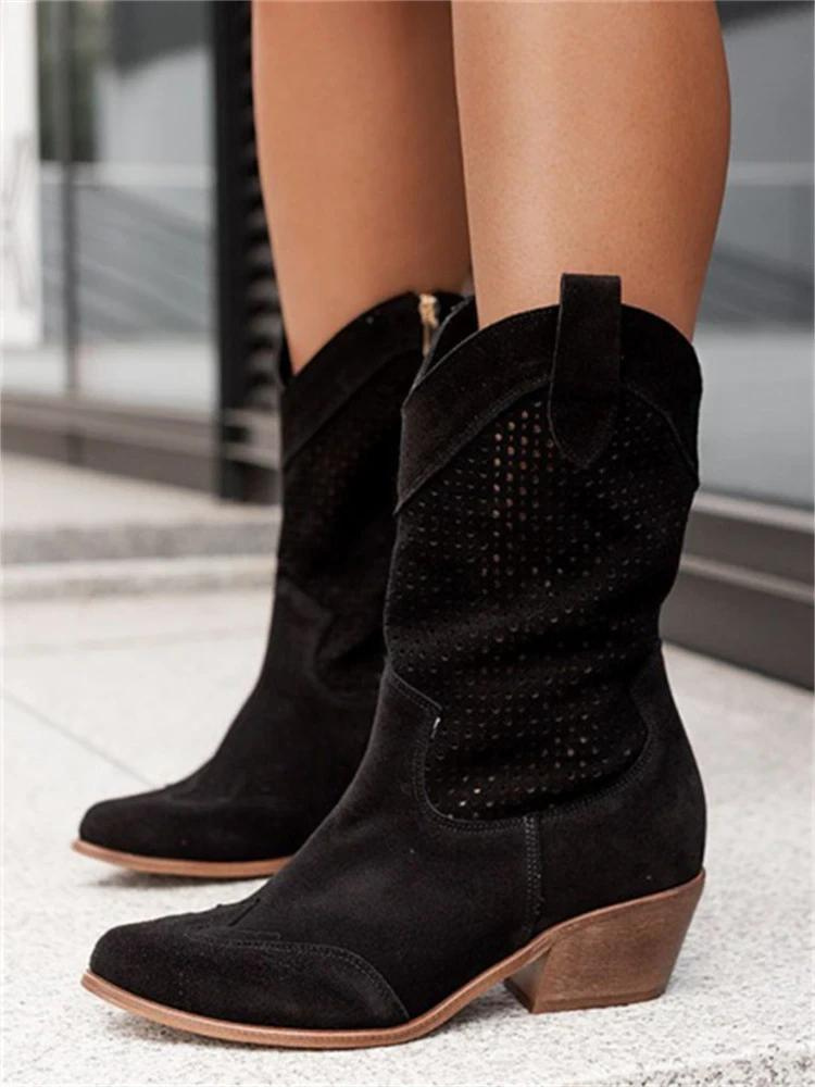 Kniehohe Cowgirl-Stiefel für Damen mit mittelhohem Absatz und bestickten Nähten