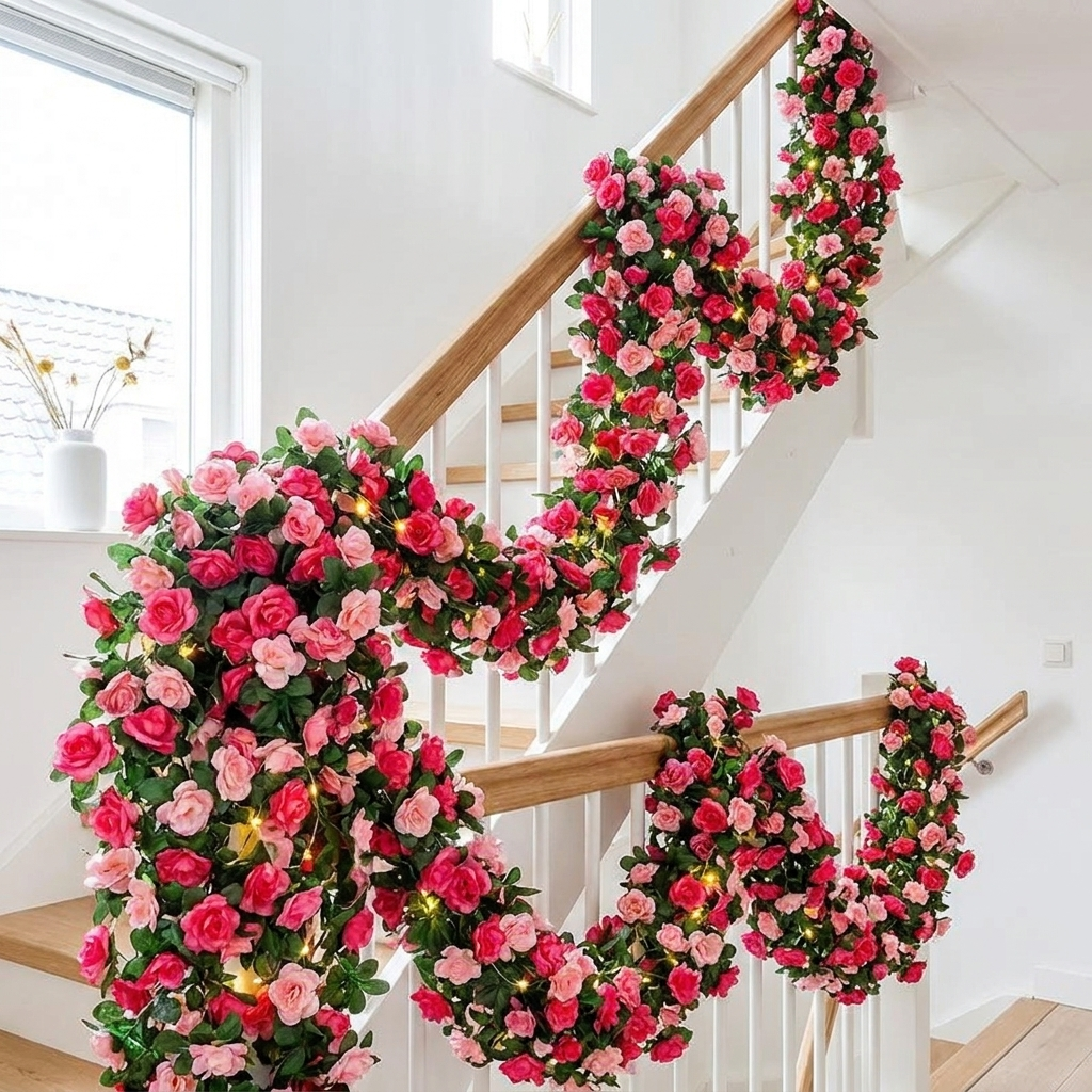 Künstliche Rosengirlande 230 cm — Seide, 6 Farben, Hochzeit & Party