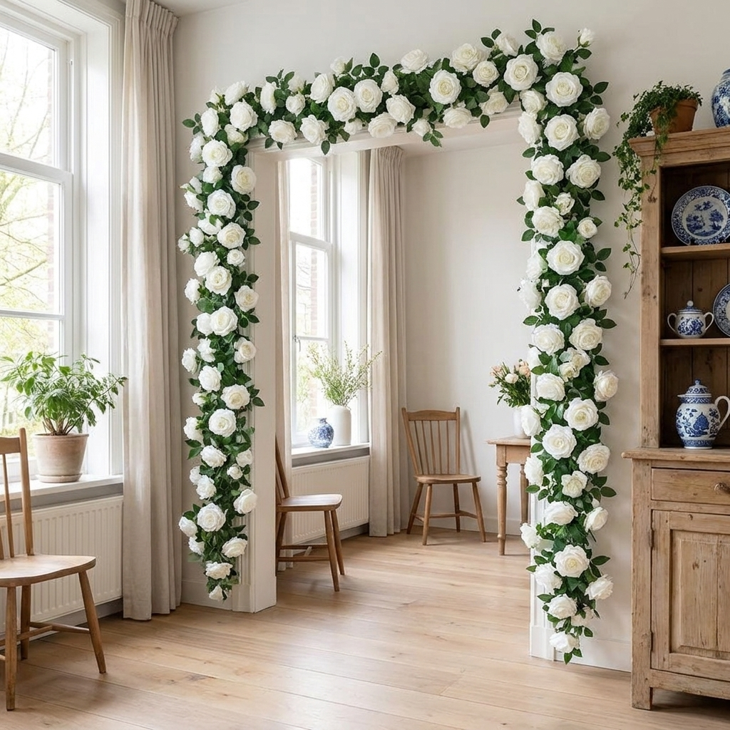 Künstliche Rosengirlande 230 cm — Seide, 6 Farben, Hochzeit & Party