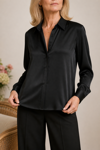 Langarm-Satinbluse mit verdeckter Knopfleiste