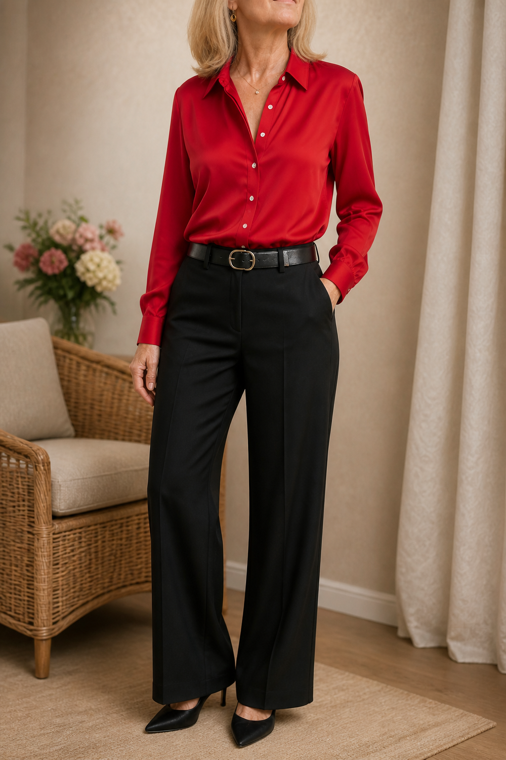 Langarm-Satinbluse mit verdeckter Knopfleiste