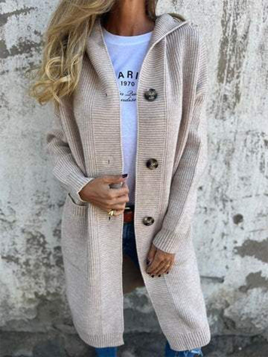 Lange Damen-Strickjacke mit Kapuze