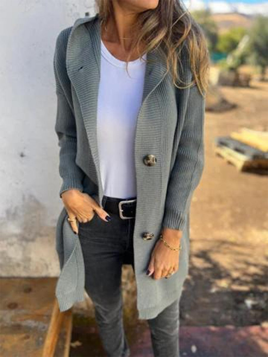 Lange Damen-Strickjacke mit Kapuze
