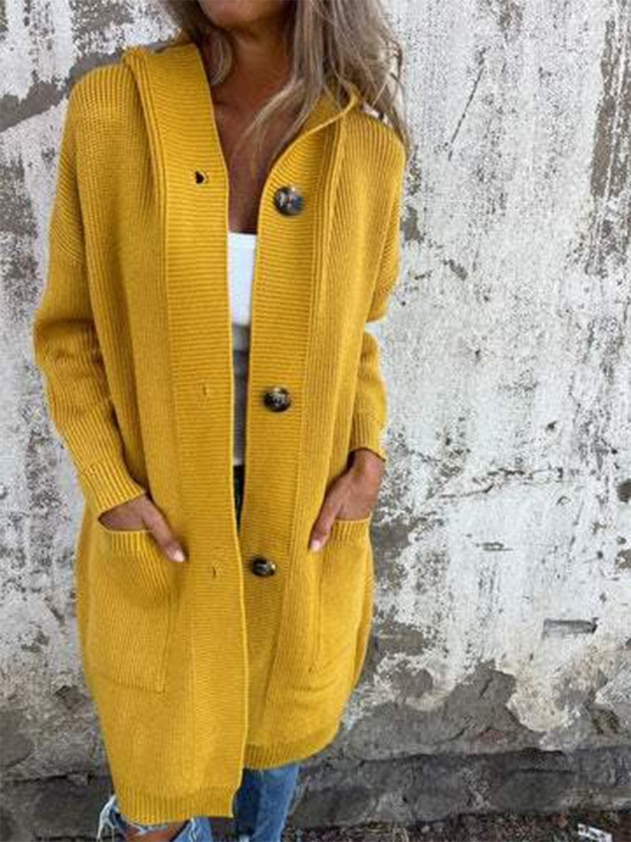 Lange Damen-Strickjacke mit Kapuze