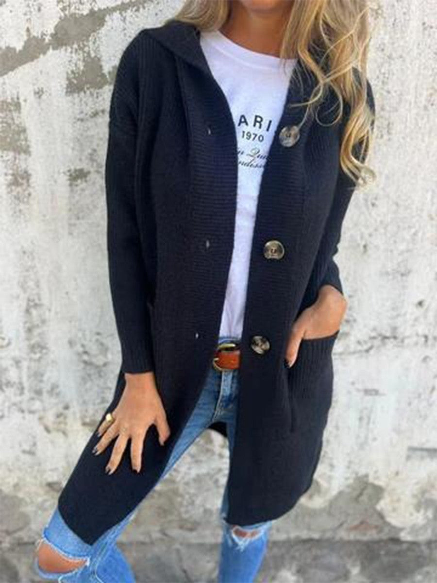 Lange Damen-Strickjacke mit Kapuze