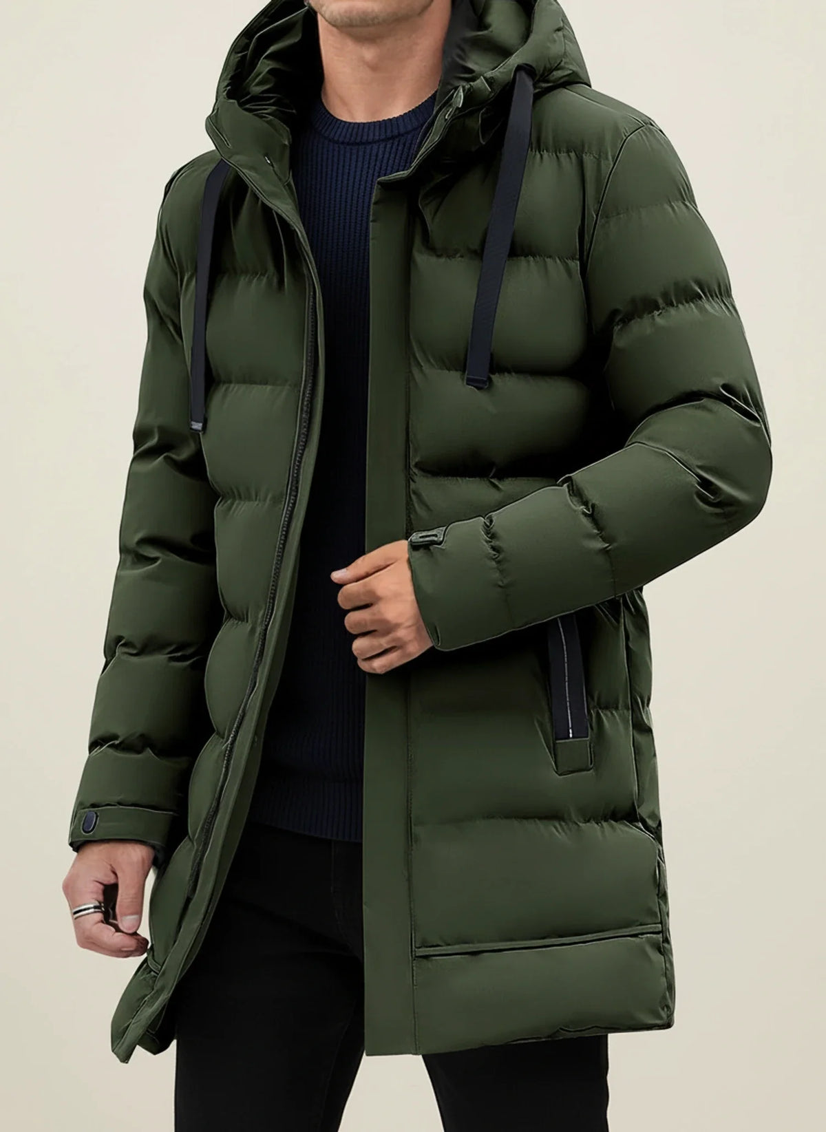 Lange Herren-Puffer-Winterjacke mit Kapuze