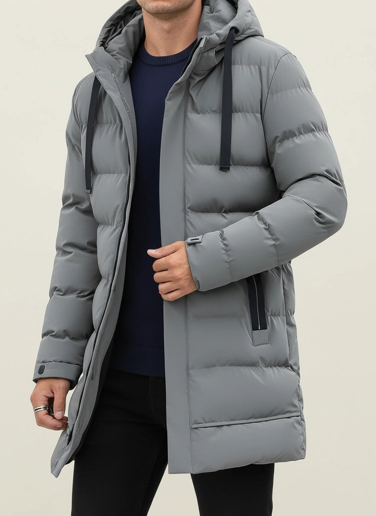 Lange Herren-Puffer-Winterjacke mit Kapuze