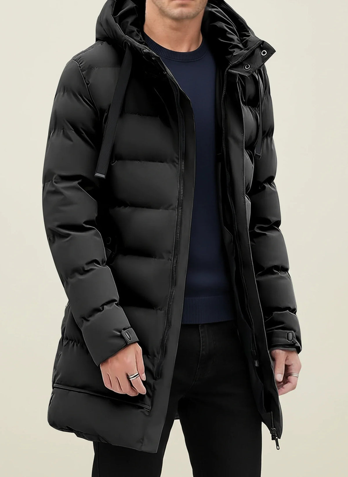 Lange Herren-Puffer-Winterjacke mit Kapuze
