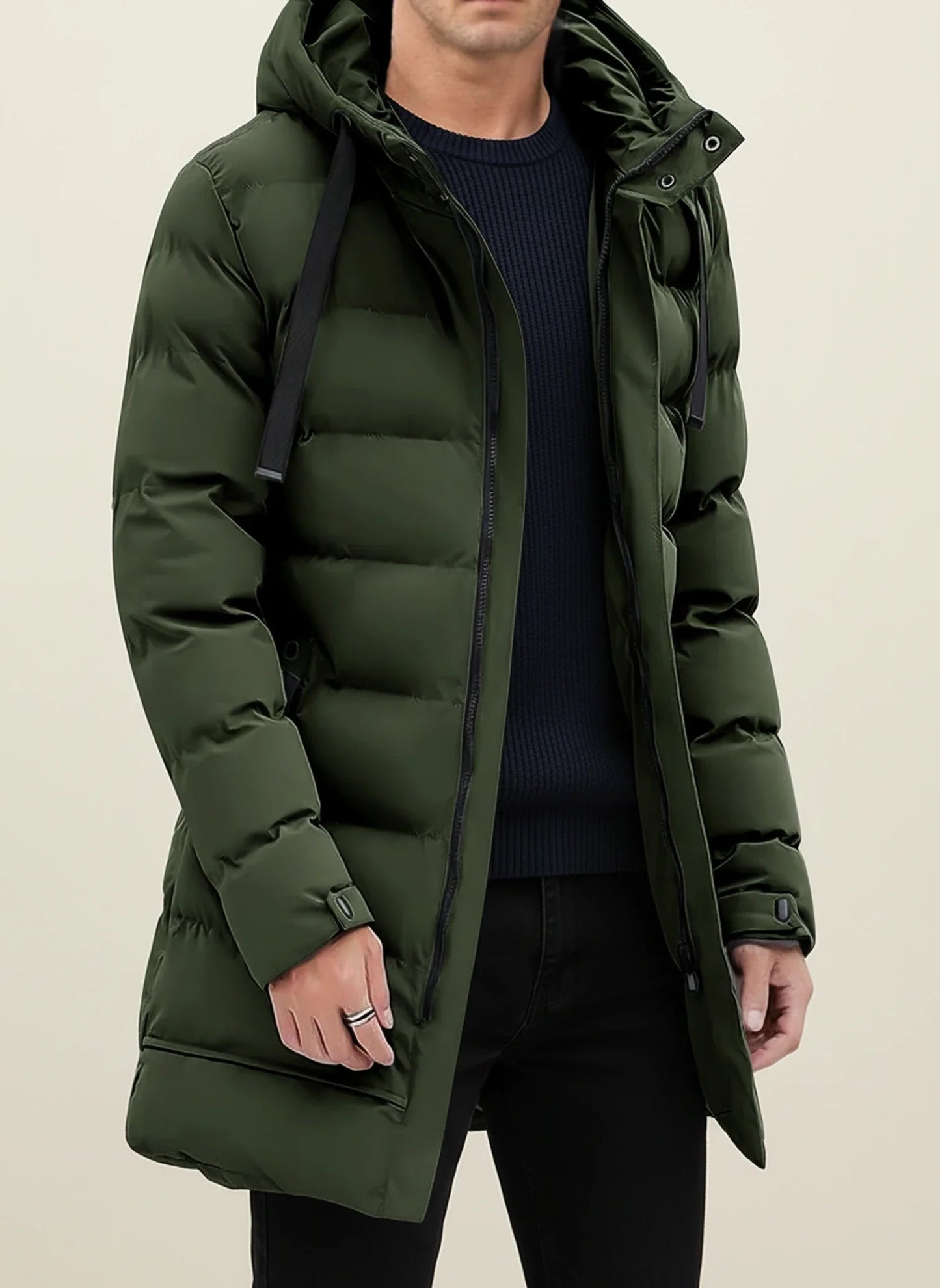 Lange Herren-Puffer-Winterjacke mit Kapuze