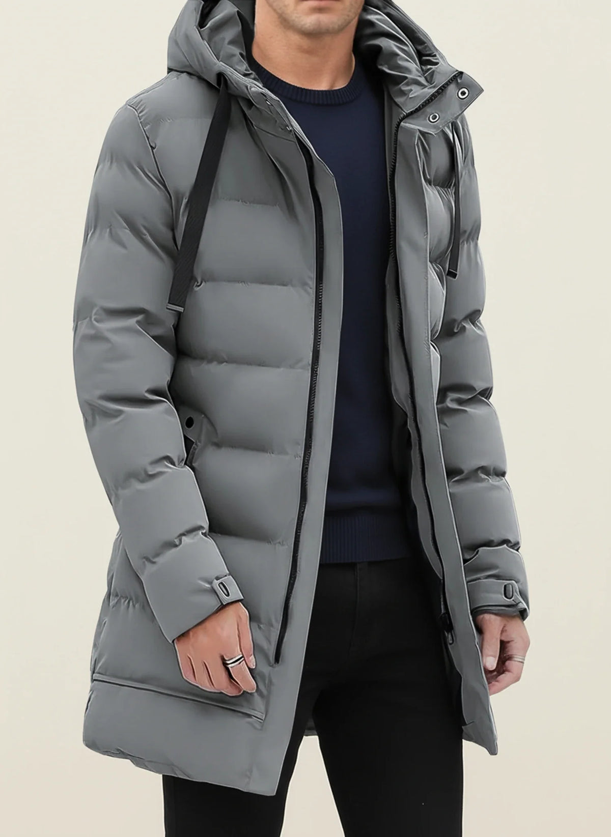 Lange Herren-Puffer-Winterjacke mit Kapuze