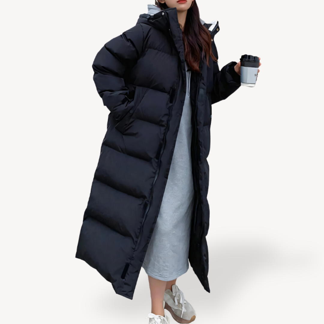 Lange Stepp-Pufferjacke für Damen mit Kapuze