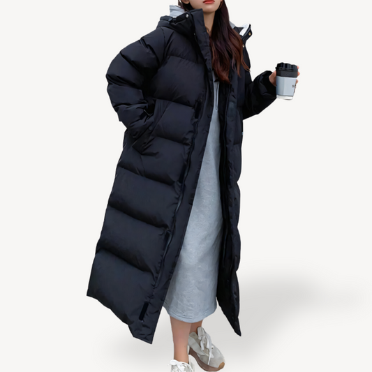 Lange Stepp-Pufferjacke für Damen mit Kapuze