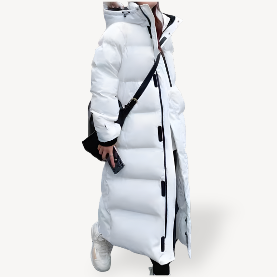 Lange Stepp-Pufferjacke für Damen mit Kapuze