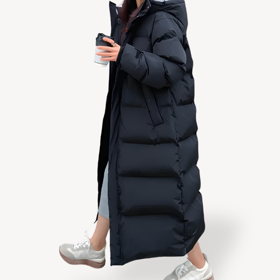 Lange Stepp-Pufferjacke für Damen mit Kapuze
