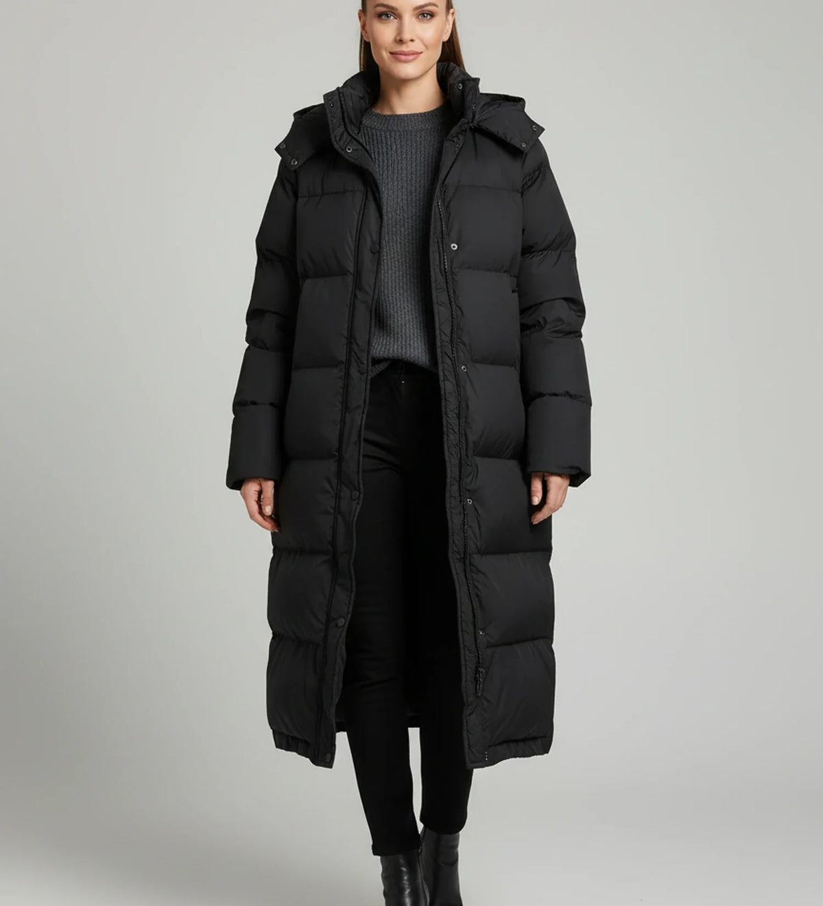 Lange Steppjacke für Damen mit Kapuze