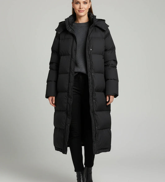 Lange Steppjacke für Damen mit Kapuze