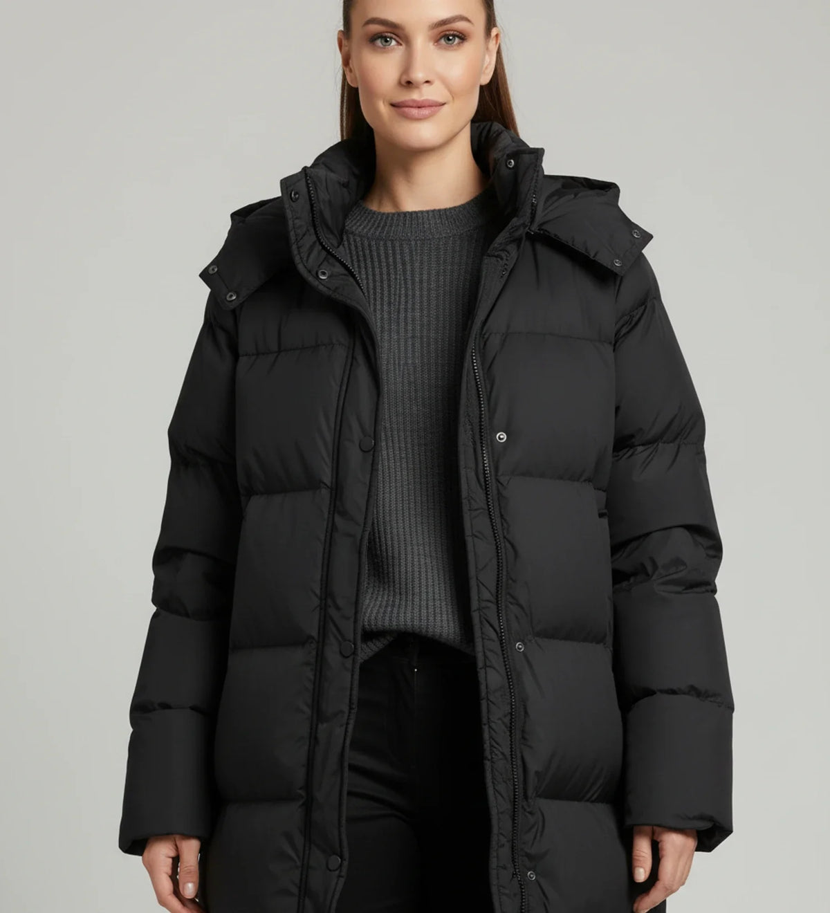 Lange Steppjacke für Damen mit Kapuze
