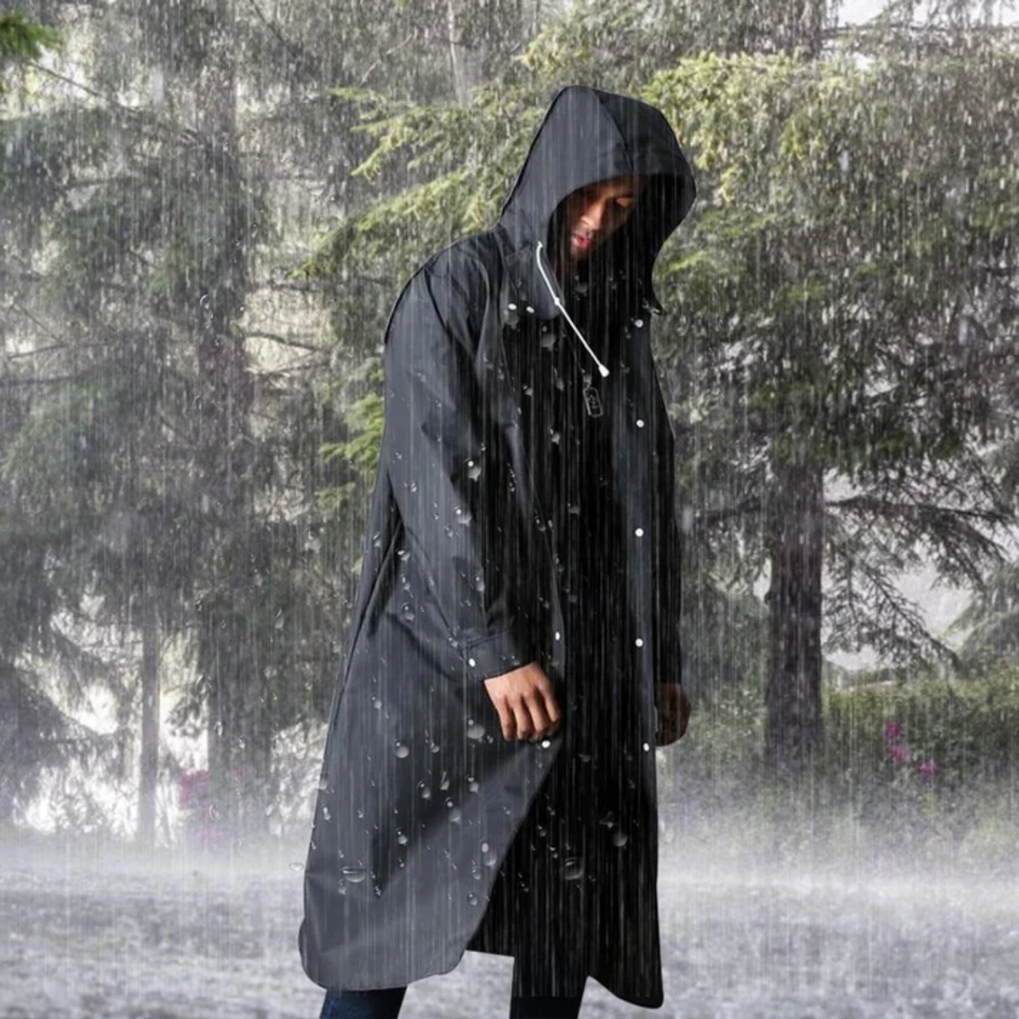 Lange, wasserdichte Herren-Regenjacke mit Kapuze