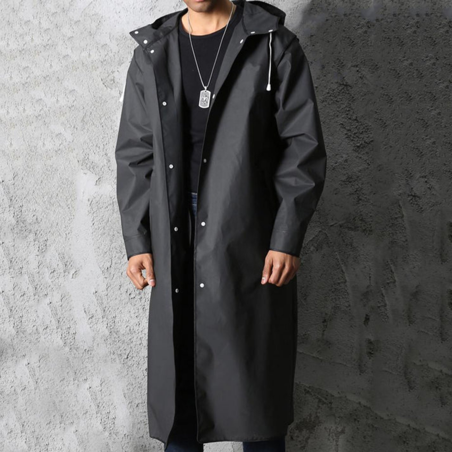 Lange, wasserdichte Herren-Regenjacke mit Kapuze