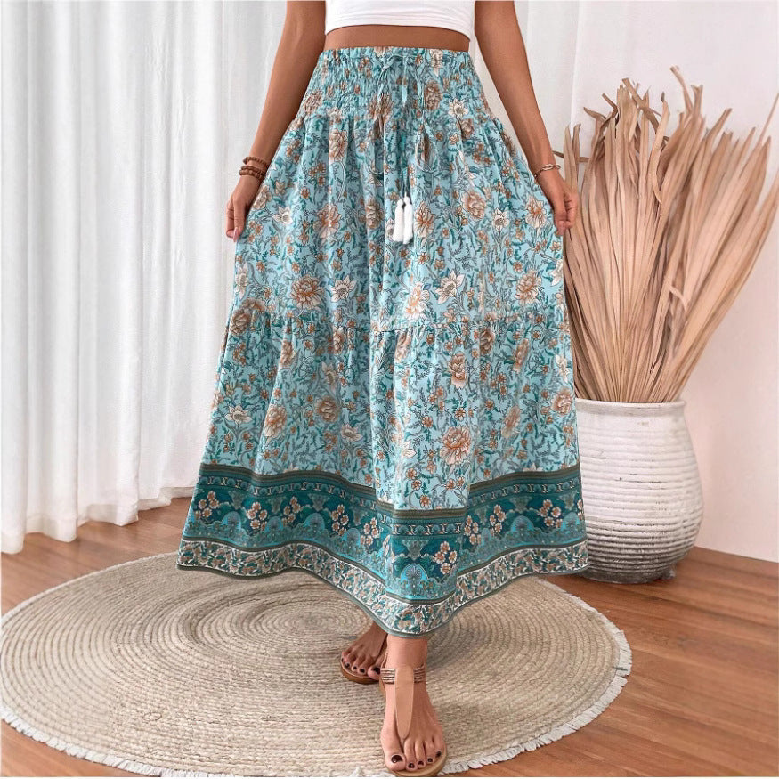 Langer Damen-Stufenrock aus Baumwollmischung im Boho-Stil mit Blumenmuster, elastischem Bund und Quasten
