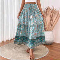 Langer Damen-Stufenrock aus Baumwollmischung im Boho-Stil mit Blumenmuster, elastischem Bund und Quasten