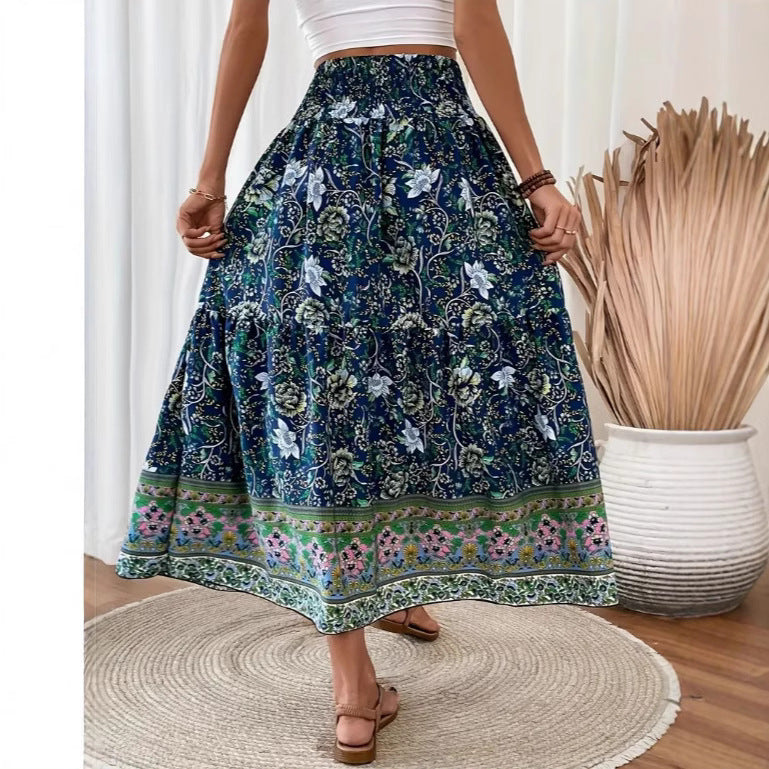 Langer Damen-Stufenrock aus Baumwollmischung im Boho-Stil mit Blumenmuster, elastischem Bund und Quasten