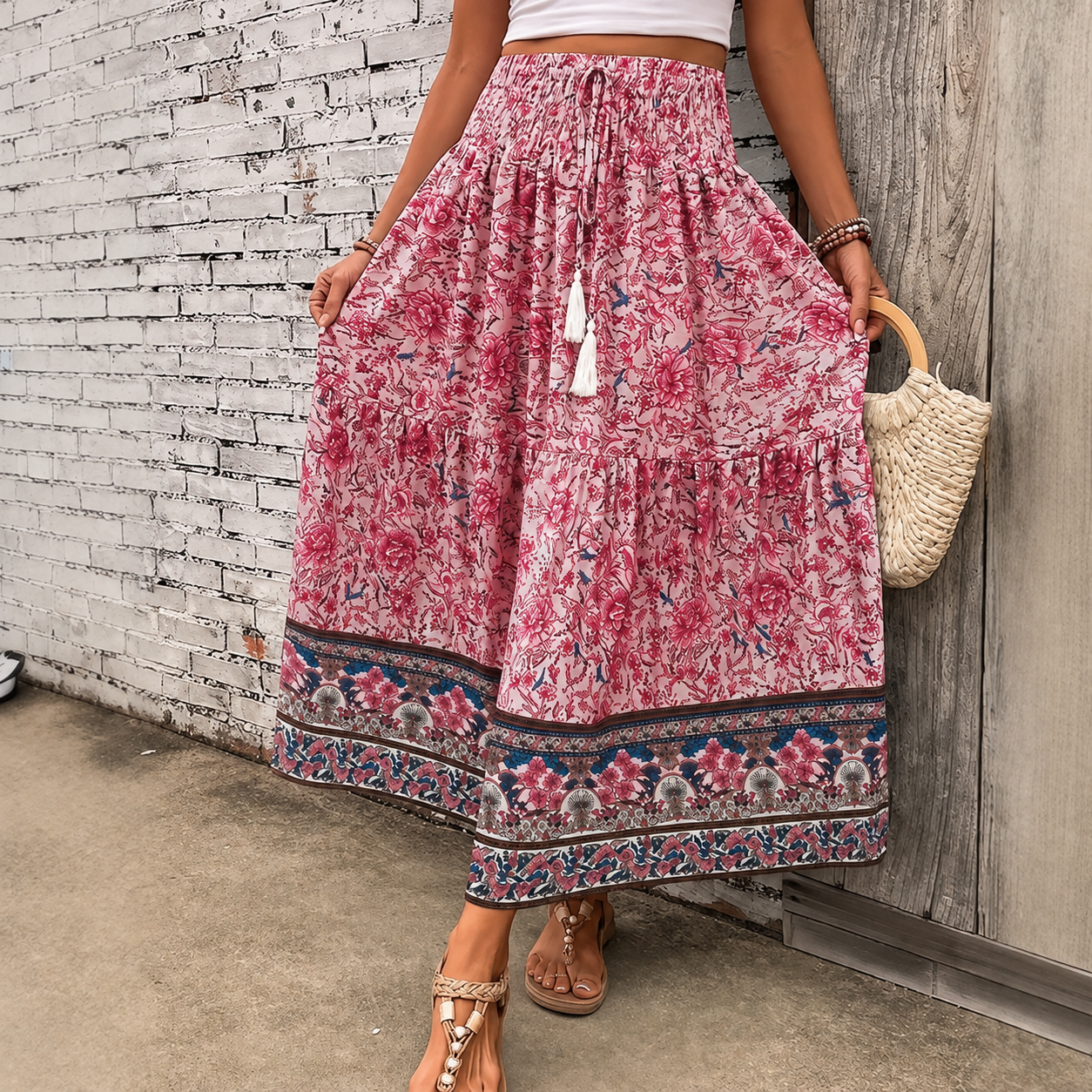 Langer Damen-Stufenrock aus Baumwollmischung im Boho-Stil mit Blumenmuster, elastischem Bund und Quasten