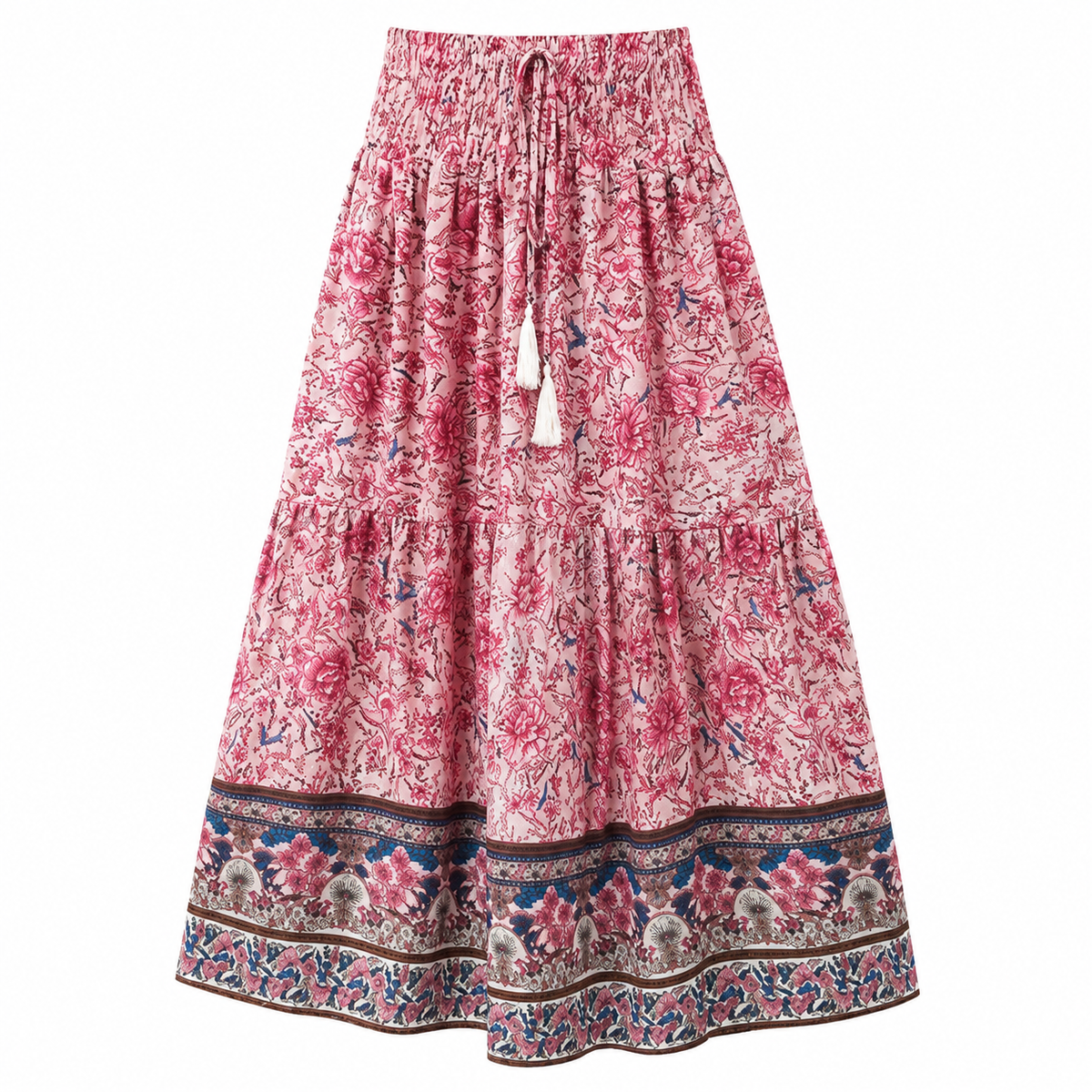 Langer Damen-Stufenrock aus Baumwollmischung im Boho-Stil mit Blumenmuster, elastischem Bund und Quasten