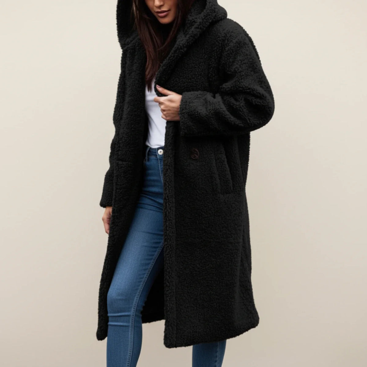 Langer Teddy-Wintermantel für Damen mit Kapuze