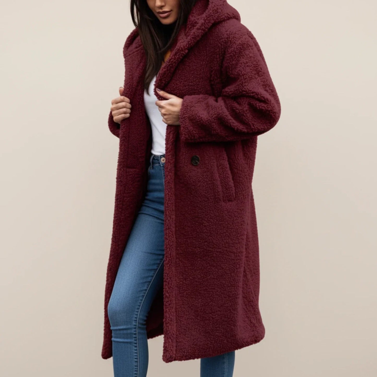 Langer Teddy-Wintermantel für Damen mit Kapuze