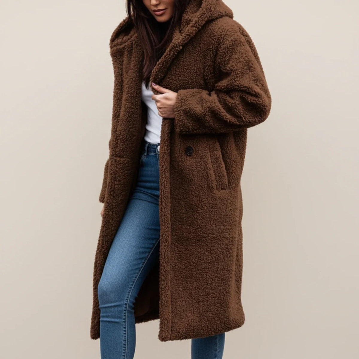 Langer Teddy-Wintermantel für Damen mit Kapuze