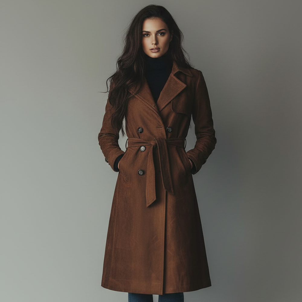 Langer Wildledermantel für Damen mit Knopfleiste vorne, ideal für den Herbst