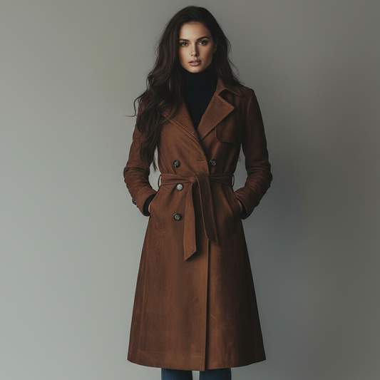 Langer Wildledermantel für Damen mit Knopfleiste vorne, ideal für den Herbst