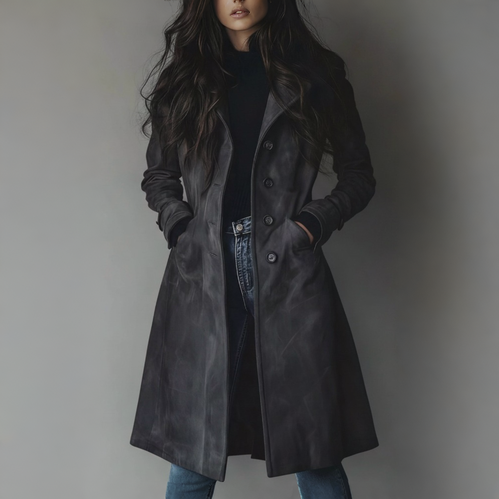 Langer Wildledermantel für Damen mit Knopfleiste vorne, ideal für den Herbst