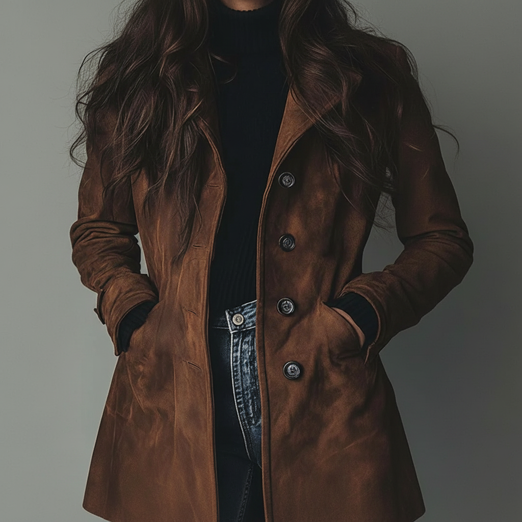 Langer Wildledermantel für Damen mit Knopfleiste vorne, ideal für den Herbst