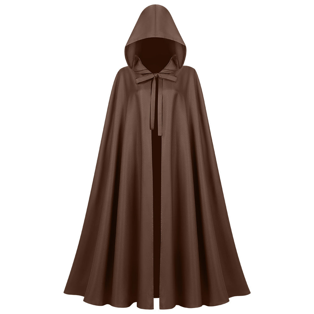 Langes Unisex-Cape mit Kapuze aus wasserabweisendem Polyester mit ausgestelltem Schnitt und Bindeband