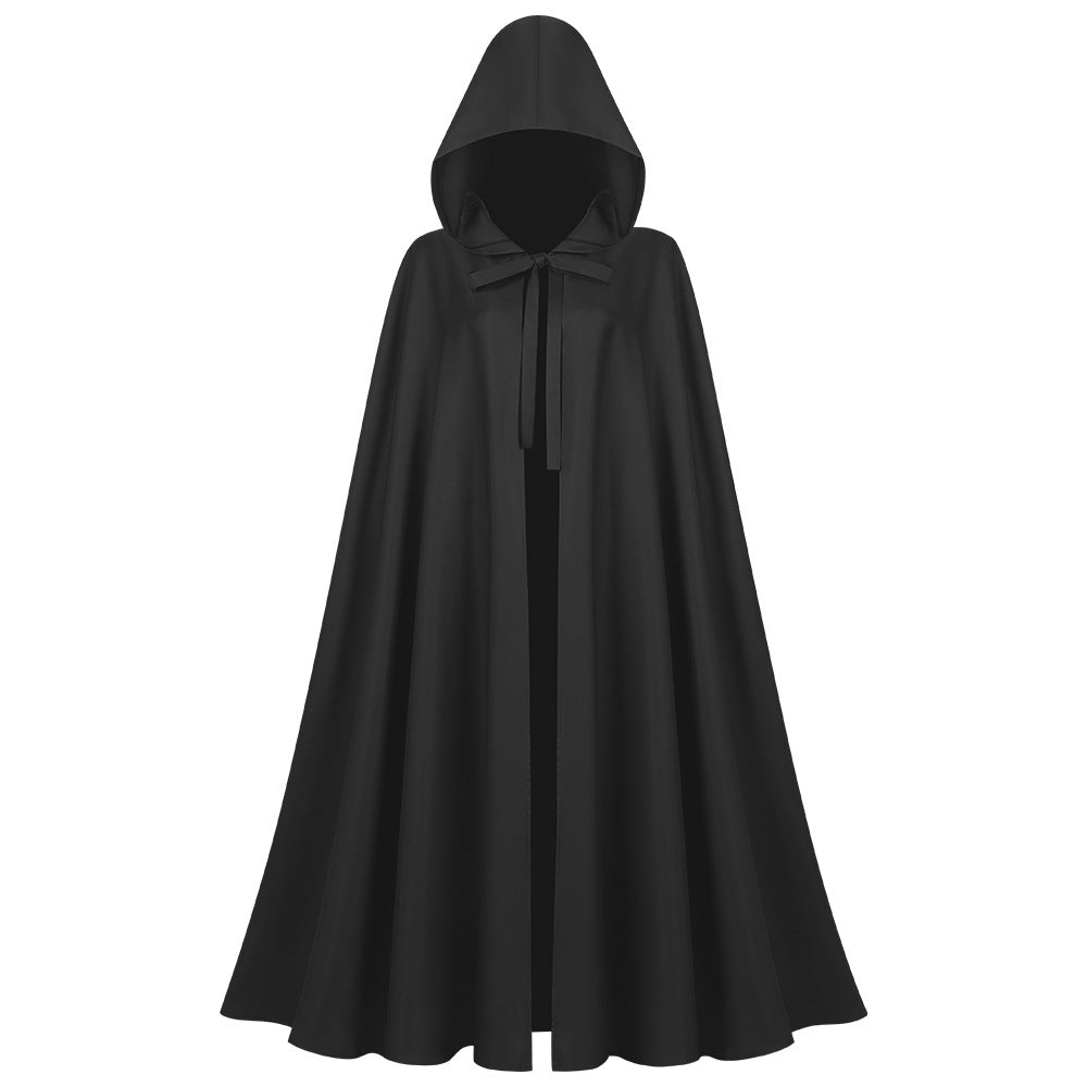 Langes Unisex-Cape mit Kapuze aus wasserabweisendem Polyester mit ausgestelltem Schnitt und Bindeband